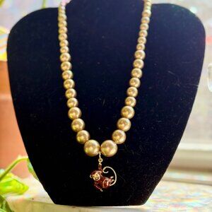 Beaded Pearl Monkey Charm Pendant Necklace w/ Gold Finish Clasp